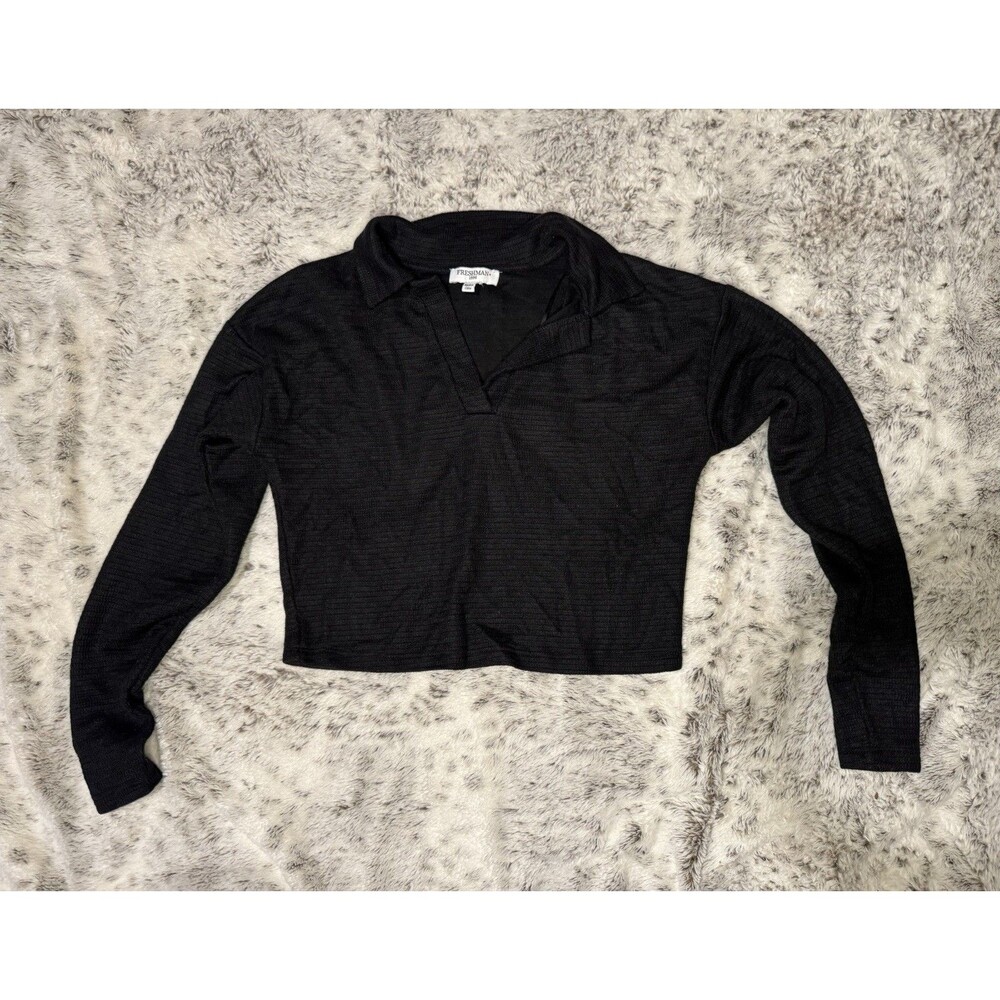 Freshman 1996 Black Collared Knit Cropped Long Sleeve Blouse Women’s XS